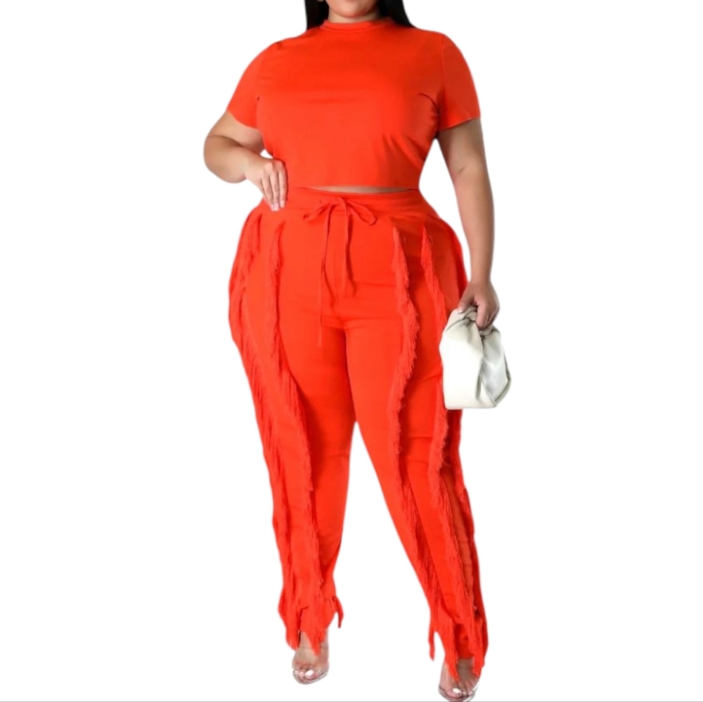 Goodtime Usa  Orange Plus Size Two Piece Pant Set Fringe  nwt